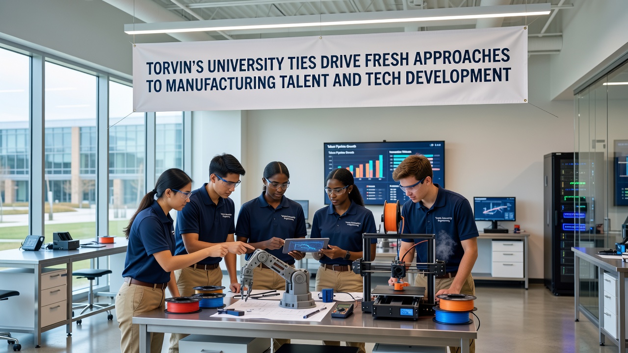 Students and researchers working on robotics and automation equipment in a university lab partnered with Torvin